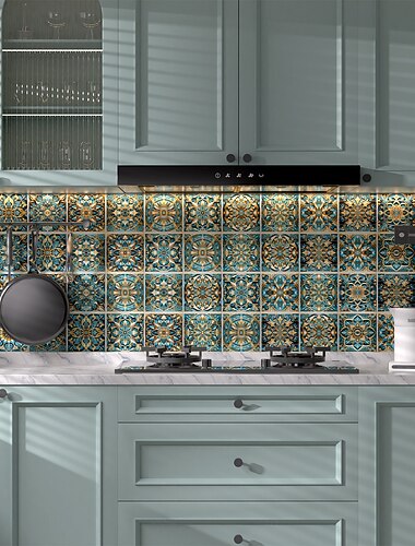  Lot de 24 stickers muraux adhésifs décoratifs, motif floral géométrique vintage bleu, faciles à nettoyer, pour la décoration murale de la cuisine, de la salle de bain et du salon, décoration