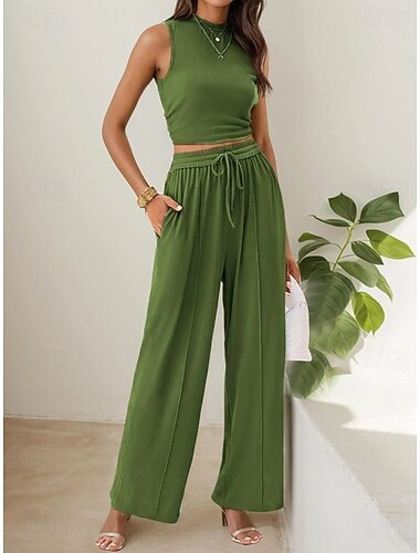  Mulheres Conjuntos de duas peças Sem Manga Tecido Elegante Férias Moda Preto Verde Claro Laranja Verão Normal