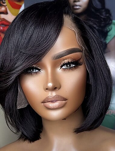  Ekte hår 5x5 lukking 13x4 blonder foran Parykk Kort bob Med lugg Brasiliansk hår Rett Svart Parykk 150% 180% Hair Tetthet med baby hår Naturlig hårlinje 100% Jomfru Pre-Plucked Til Dame Kort