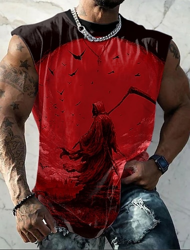  Herren-Tanktop mit Sensenmotiv, blutrotem Mond und Fledermäusen im Gothic-, Dark-Horror-, Rock- und Metal-Stil, ärmellos, Allover-Print, figurbetont, Rundhalsausschnitt, für Partys, Fitnessstudios,