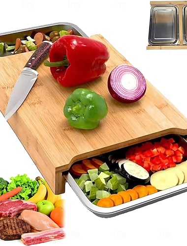  skjærebrett i bambus med 2 uttrekkbare skuffer, kuttestasjon i økologisk bambus, sklisikker, juicerille, enkel rengjøring, skjærebrett med skuffer, ideelt for matlaging på kjøkkenet &hjemmebruk