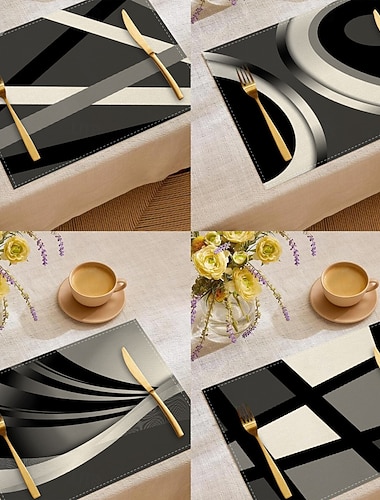  Retro-Tischläufer in Schwarz-Weiß mit geometrischem Muster, rechteckige Tischdekoration aus 100 % gewebtem Polyester, minimalistisches abstraktes Musterdesign, maschinenwaschbar, hitzebeständig