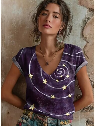  בגדי ריקוד נשים חולצה קצרה דפוס גראפי מופשט גֵאוֹמֶטרִיָה וינטאג' מסוגנן קלסי שרוולים קצרים צווארון V חולצות רגילות קזו'אל יומי ליציאה פול בז' בהיר ירוק בהיר סגול בהיר סגול קיץ אביב