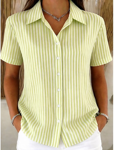  Mulheres Camisa Social Botões Imprimir Gráfico Listrado Vintage à moda Moderno Manga Curta Colarinho de Camisa Tops regulares Casual Diário Azul Vermelho Verde Verão Primavera