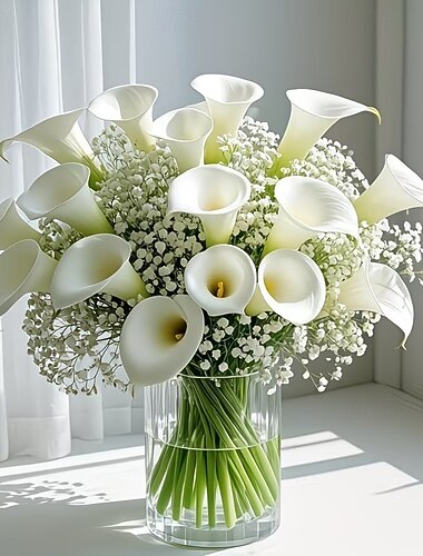  28 stk. premium kunstige blomstersett, inkludert 19 babypust og 9 calla liljer, 33 cm, egnet for bryllup, valentinsdag, morsdag, påske, hjemme- og borddekorasjon