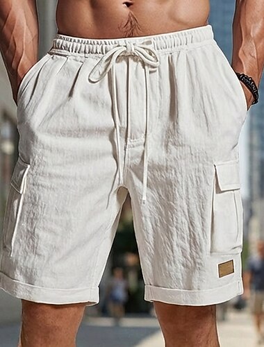  Homme Shorts cargo Shorts en Lin Shorts d'été Shorts de plage Cordon de serrage Taille Élastique Jambe Droite Uni Confort Doux Longueur Genou Quotidien Plage Mode Chic & Moderne Noir Blanche Non