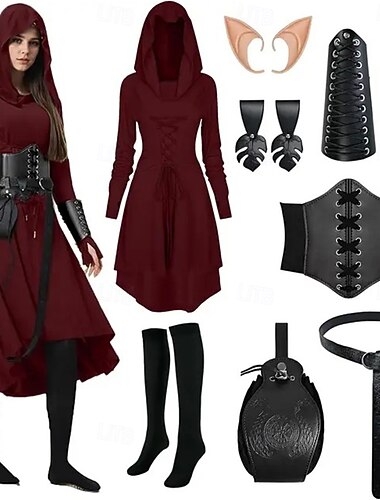  Medievale Rinascimento Elegante Abiti Lunghe Arciere Fata Allacciato Tinta unica Costume Per donna Fantasia Mascherata Feste Fiera Rinascimentale LARP Adulti Costume