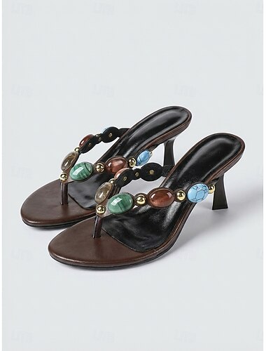  Luxe damessandalen met bruine hak - bohemian teenslippers met kleurrijke harssteentjes &Gouden oorknopjes voor avondkleding in resorts en diners op eilanden. &zomergala's