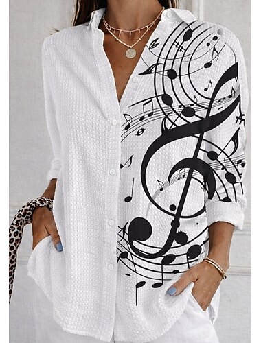  בגדי ריקוד נשים חולצת וופל חולצה קז'ואל צמרות קיץ גראפי גיאומטרי וינטאג' מסוגנן שרוול ארוך צווארון מתקפל חולצות ארוכות יומי בָּחוּץ לבוש רחוב לבן + שחור קשת קיץ אביב סתיו חורף