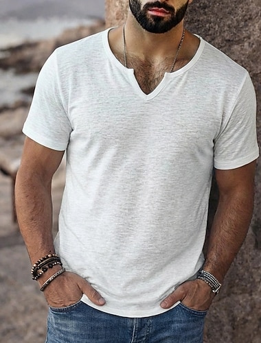 Homme T-shirt Chemise à manches courtes T-shirt en lin Manche Courte Col en V Été Printemps Couleur Unie Uni Bande de Fosse Streetwear Élégant Occasionnel Pur Occasionnel Quotidien Extérieur Noir