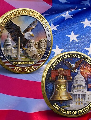  Moeda comemorativa do 250º aniversário dos EUA, medalha patriótica 1776-2026 com águia-careca, Monte Rushmore e Sino da Liberdade. &fogos de artifício, item histórico de colecionador, presente para o
