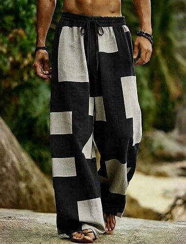  Homme Géométrique Bloc de Couleur Pantalons Pantalon décontracté Pantalons Amples Taille Moyenne Boho Maison Extérieur Vacances Taille élastique avec cordon de serrage Pantalon en lin avec poches Ét