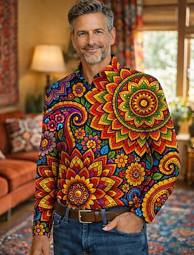  Rétro Vintage Années 1970 Chemise Chemise Aloha Manches longues Hippie Ethnique Déguisement Homme Mascarade 4 Juillet Festival de Musique Soirée Tenue quotidienne Adulte Chemise