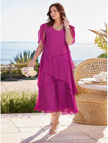  Damen Midikleid Chiffonkleid Elegant Täglich Outdoor Urlaub Lässiger Schnitt Einfach Kurzarm Rundhalsausschnitt Kastanienbraun Fuchsie Sommer