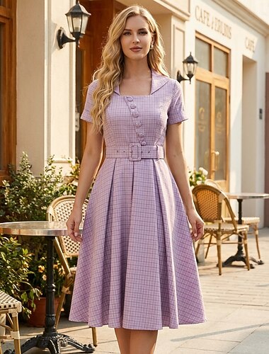  Jaren '50 Retro vintage Middag Jurken Korte mouwen Met riem Geruit / Gingham Vierkante hals Kostuum Dames Casual Dagelijks gebruik Teaparty Volwassenen Kleding Lente zomer