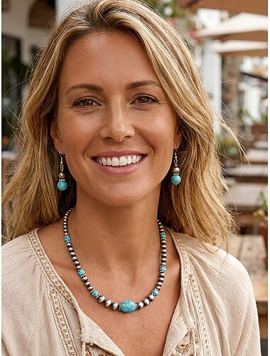  Bohemiskt smyckeset i turkos legering för kvinnor, pärlhalsband och örhängen för strandsemester, vardagskläder, resor och resortstyling