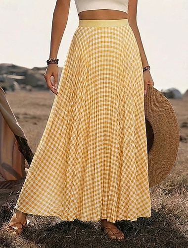  Dam Semesterkjol Mode Ledigt Maxi Hög midja Kjolar Microelastisk Svart Gul Rodnande Rosa Rubinrött Sommar