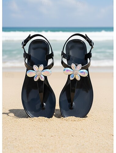  Sandales élégantes blanches en gelée pour femmes - tongs imperméables à bride en T avec motif floral 3D &Décoration scintillante en strass pour les vacances à la plage, les mariages d'été &vêtements