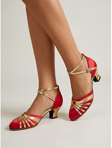  レディース ヴィンテージ 1920年代 赤 &ゴールドグリッターパンプス - フラッパーパーティーやレトロなダンスイベントにぴったりの、エレガントなギャツビー風Tストラップブロックヒール &狂騒の20年代のプロム
