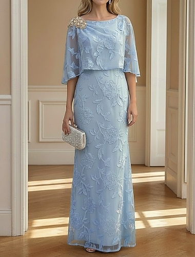  A-linje Linjeform Kjoler Gulvlengde Gjestekjole til bryllup Formell kjole Aftenkjole Kjole til brudens mor Halvlange ermer Båthals Elegant Enkel Minimalistisk Formell Chiffon Jacquard Sjale med