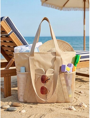  Vanntett polyester-strandveske for kvinner, stor kapasitet, flerfarget reiseskulderveske for strandferie, bassengdager, feriesteder, uformelle utflukter og hverdagsbruk.