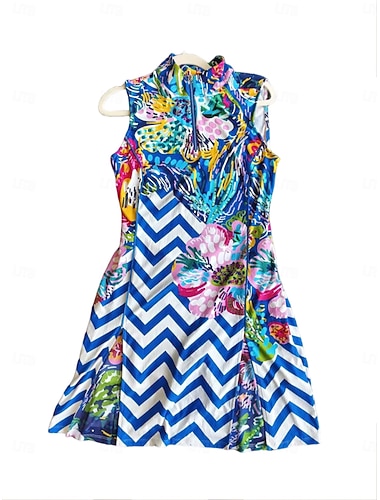  Damskie sukienka golfowa Niebieski i biały Bez rękawów Sukienka Damskie stroje golfowe Odzież Stroje Noś odzież