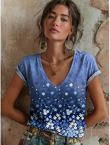  نسائي تي شيرت طباعة ورد الرسم النباتات عتيق أنيق كلاسيكي كم قصير V رقبة قمصان عادية فضفاض مناسب للبس اليومي عطلة نهاية الاسبوع أزرق أخضر فاتح الصيف الربيع