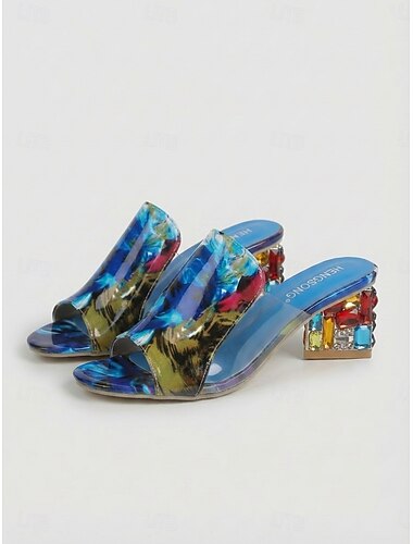  Sandali da donna trasparenti con tacco a blocco, punta aperta, tomaia stampata, scarpe eleganti di tendenza per feste e serate fuori &eventi serali