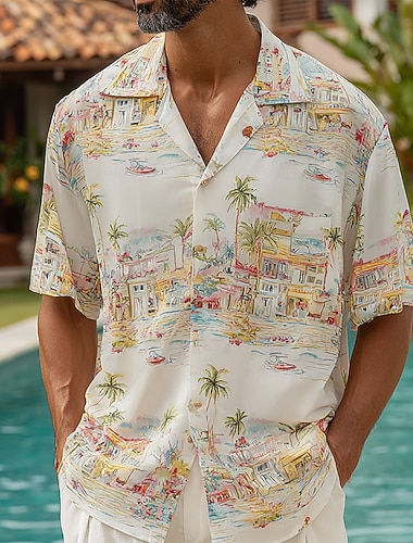  Herren Kokospalme Tropische Pflanzen Hemd Kuba-Kragen-Hemd Sommer Hawaiihemd Kurzarm Hawaiianisch Urlaub Ferien Strandbekleidung Sommer Frühling Hemd mit Camp-Kragen 3D-Druck Blau Aprikose