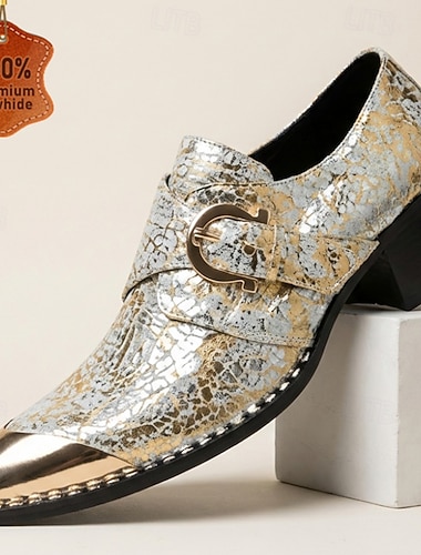  menns hvite gull slangeskinnsmønster pensko med munkestropper og spiss tå med metallkappe, formelle sko til bryllup, banketter, fester, skoleball, motearrangementer og luksuriøst statement-festantrekk