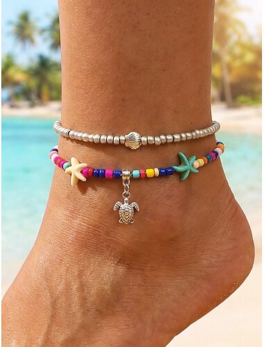  Tornozeleira feminina boêmia de camada dupla, em liga metálica. &Tornozeleira com pingentes de tartaruga marinha, cavalo-marinho e estrela-do-mar em vários estilos, feita com contas de resina.