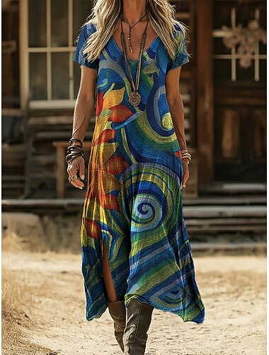  Per donna Abito Midi Abito Boho Vestito Casual Abito a trapezio Abito Stampato Vintage All'aperto Vacanza Weekend Vestibilità regolare Grafico Blocco di colori Manica Corta Scollo a V Blu Estate