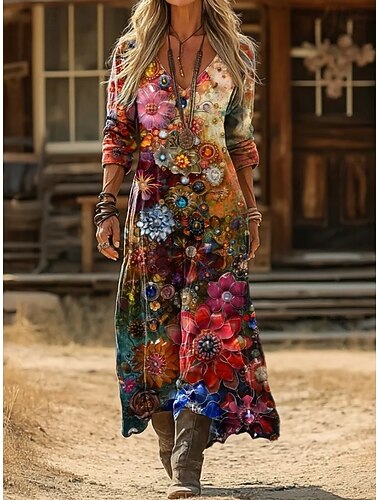  Femmes Robe maxi Robe d'Été Robe d'été Vacances Occasionnel Boho Quotidien Plage Sortir Coupe régulière Fleuri Graphique Bloc de Couleur manche longue Col en V Marron Sapin Marron clair Fuchsia Ét