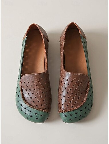  khaki perforerte slip-on-sko for kvinner med fargeblokker – pustende vintage flats med bred passform for daglig bruk, reiser og avslappet komfort