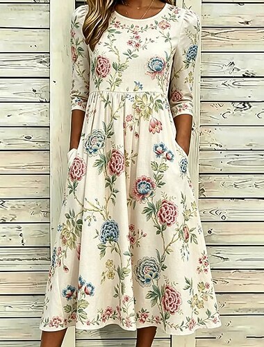  Mulheres Vestido midi Vestido de turno Férias Casual Boho Diário Vestido de verão vestido de primavera Normal Floral Gráfico Meia Manga Gola Redonda Rosa Azul Céu Bege Verão Primavera