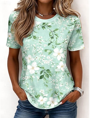  Dámské Tričko Tisk Květinový Grafika Rostliny Čechy Havajské stylové Krátký rukáv Tričkový Dlouhé topy Denní Černá Bledě růžová Žlutá Světle fialová Trávová zelená Léto Jaro
