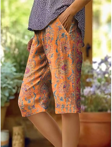  Damen Shorts aus Baumwollleinen Urlaub Vintage Küsten-Oma-Stil Knielang Mittlere Taille Blumen Grafik Druck Komfort Unelastisch Täglich Outdoor Straße Blau Rot orange kleiner Finger Amethyst Sommer