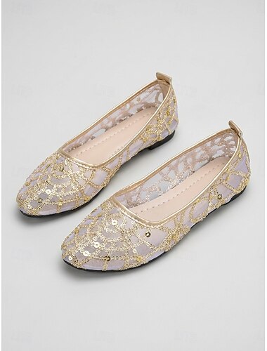  Gouden ballerina's met pailletten en mesh voor dames - elegante, sprankelende schoenen met spitse neus, perfect voor buitenactiviteiten in resorts en zomerse tuinfeesten. &luxe vakantieoutfits