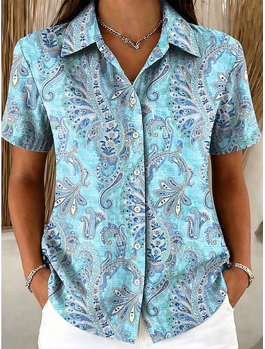  Dame Skjorte Knapper Trykt mønster Grafisk Paisly Årgang Stilfull Moderne Kortermet Skjortekrage Vanlige topper Avslappet Daglig Blå Rosa Lilla Grønn Sommer Vår