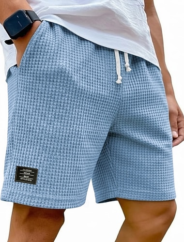 Herr Våffelshorts Shorts Sommarshorts Beach Shorts Casual shorts Ficka Elastisk midja Slät Komfort Andningsfunktion Knelängd Ledigt Utomhus Strand Semester Mode Svart Vit Microelastisk