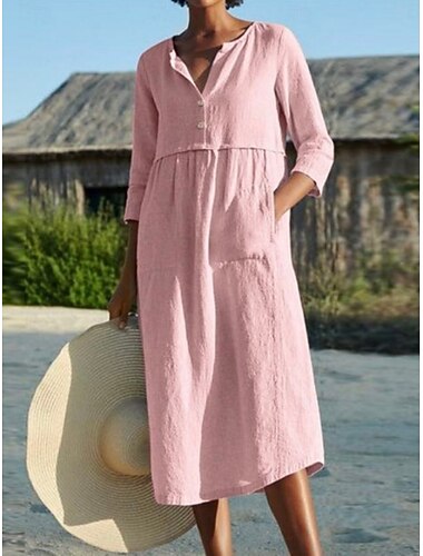  Damen Midikleid Shiftkleid Lässig Täglich Lässiger Schnitt Einfach Dreiviertelarm Rundhalsausschnitt Blau Schwarz Rosa Wein Sommer Frühling Herbst