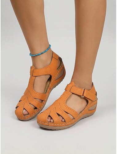  Orangefarbene Damensandalen mit geschlossener Zehenpartie und Klettverschluss – leichte, gepolsterte Römersandalen für Reisen, Spaziergänge im Freien und Gartenbesichtigungen &Alltagskleidung