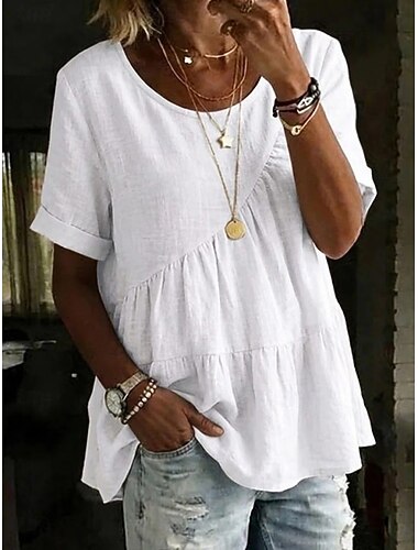  Damen Hemd Bluse Hemd aus Leinenimitat Patchwork Einfach Stilvoll Klassisch Modern Kurzarm Rundhalsausschnitt Normale Oberteile Täglich Ferien Ausgehen Schwarz Weiß Gelb Rosa Khaki Sommer Frühling