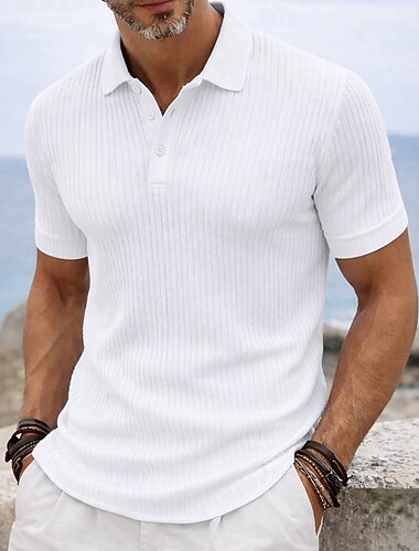  Pánské Top z žebrovaného úpletu S texturou Ležérní Práce Klopa Žebrovaný polo límec Krátký rukáv Základní Moderní Barevné bloky Knoflíky Pletený Jaro léto Vodní modrá Bílá Žlutá Rubínově červená Šedá