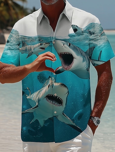  Herre Dyr Hai Hjerteformet Skjorte Hawaii skjorte Tropiske skjorter Kortermet Hawaiisk Morsom Strandferie Sommer Vår Aftæpning 3D-utskrift krage skjorter Blå Lyseblå