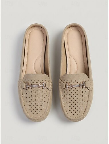  Khaki instappers voor dames – ademende, casual mocassins met strasssteentjes, comfortabele open schoenen om in te lopen of te reizen. &alledaagse kleding