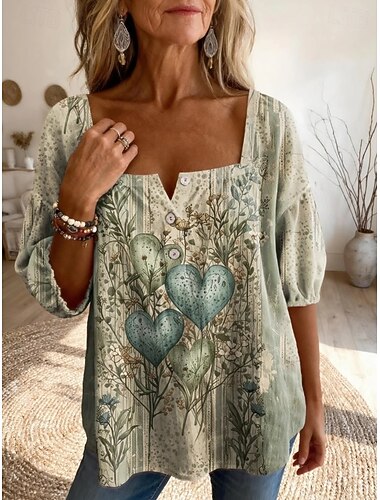 Dames Blouse Knop Afdrukken Bloemig Grafisch Dagelijks Stijlvol Basic Halve mouw Vierkante hals Lange tops Dagelijks Geel Groen Beige Licht Blauw Zomer Lente