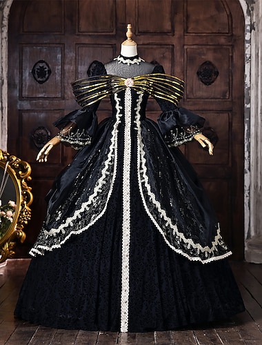  Rokoko Barock Balklänning Golvlång Klänningar Balklänning Lång ärm Prinsessa Brudkläder Spets Blommig Balklänning Fyrkantig hals Maskeradkläder Dam Kunglig Halloween Karnival Maskerad Bal Tebjudning