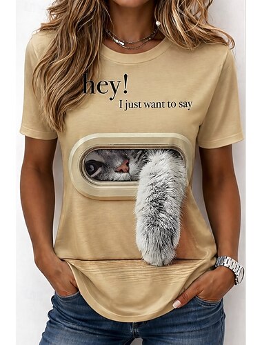  Dames T-shirt Afdrukken Grafisch dier Kat Vintage Stijlvol Klassiek Korte mouw Strakke ronde hals Ronde hals Lange tops Casual Dagelijks Weekend Zwart en wit Wit Koffie Zomer Lente Herfst Winter