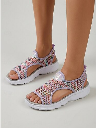  סנדלי ספורט רשת סגולים ססגוניים לנשים - עיצוב חלול ונושם, סוליה קלת משקל עם ריפוד, נעלי הליכה להחליק על לקיץ ולחוף הים &לבוש יומיומי